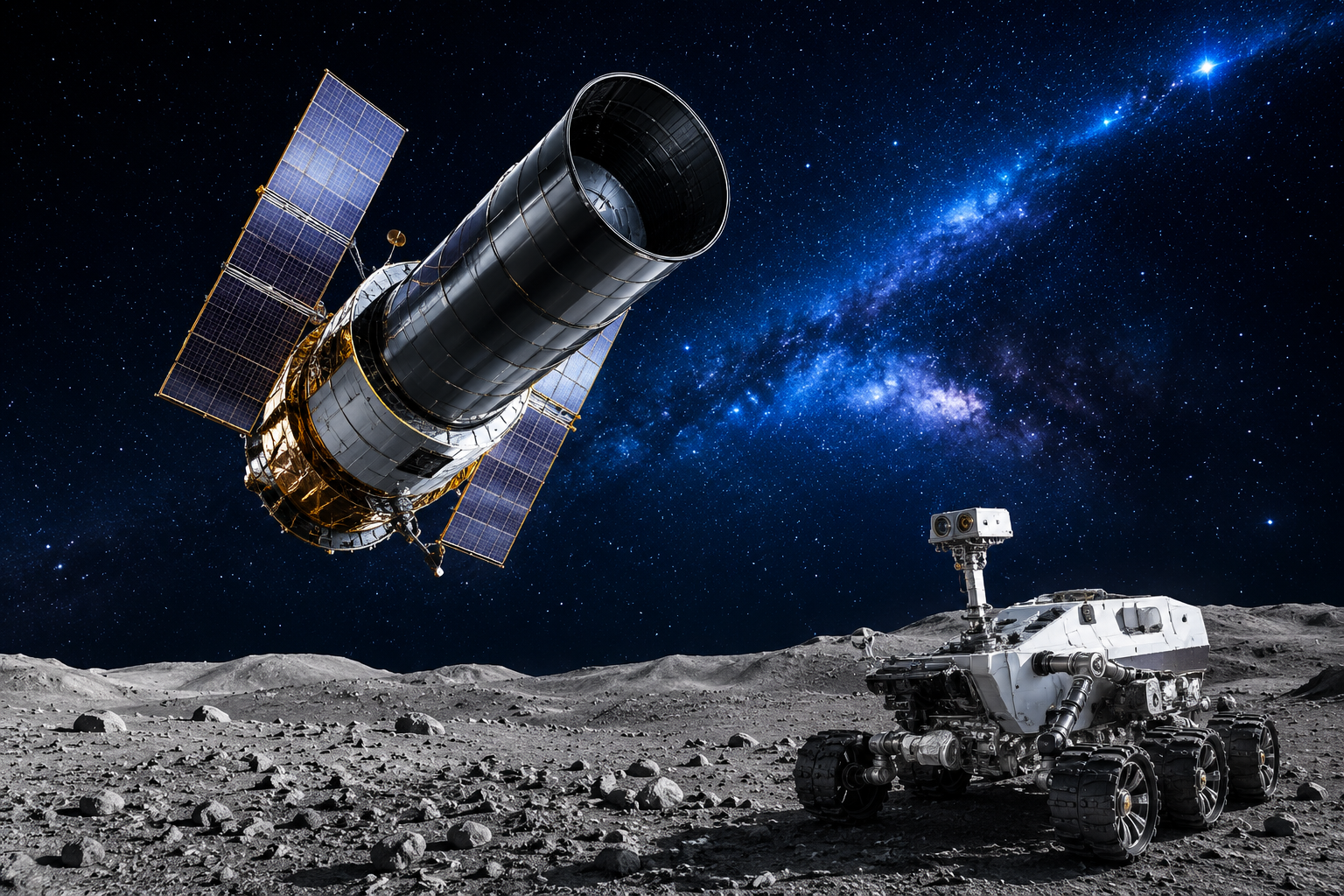 Space telescope and lunar rover on the moon surface